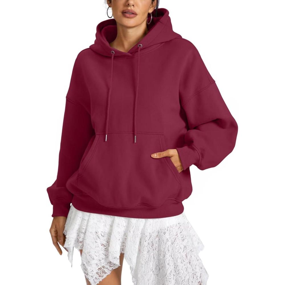 imageWomen Fleece Hoodies with Pocket Oversized Hooded Sweatshirts Trendy Pullover Long Sleeve Top Fall Outfits 2026Wine Red