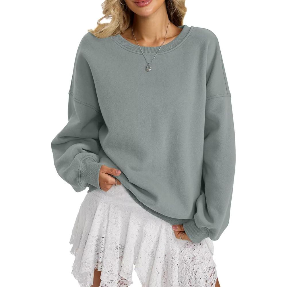 imageWomen Fleece Sweatshirts Oversized Crewneck Pullover Trendy Long Sleeve Tops Fashion Fall Outfits Clothes 2025Greygreen