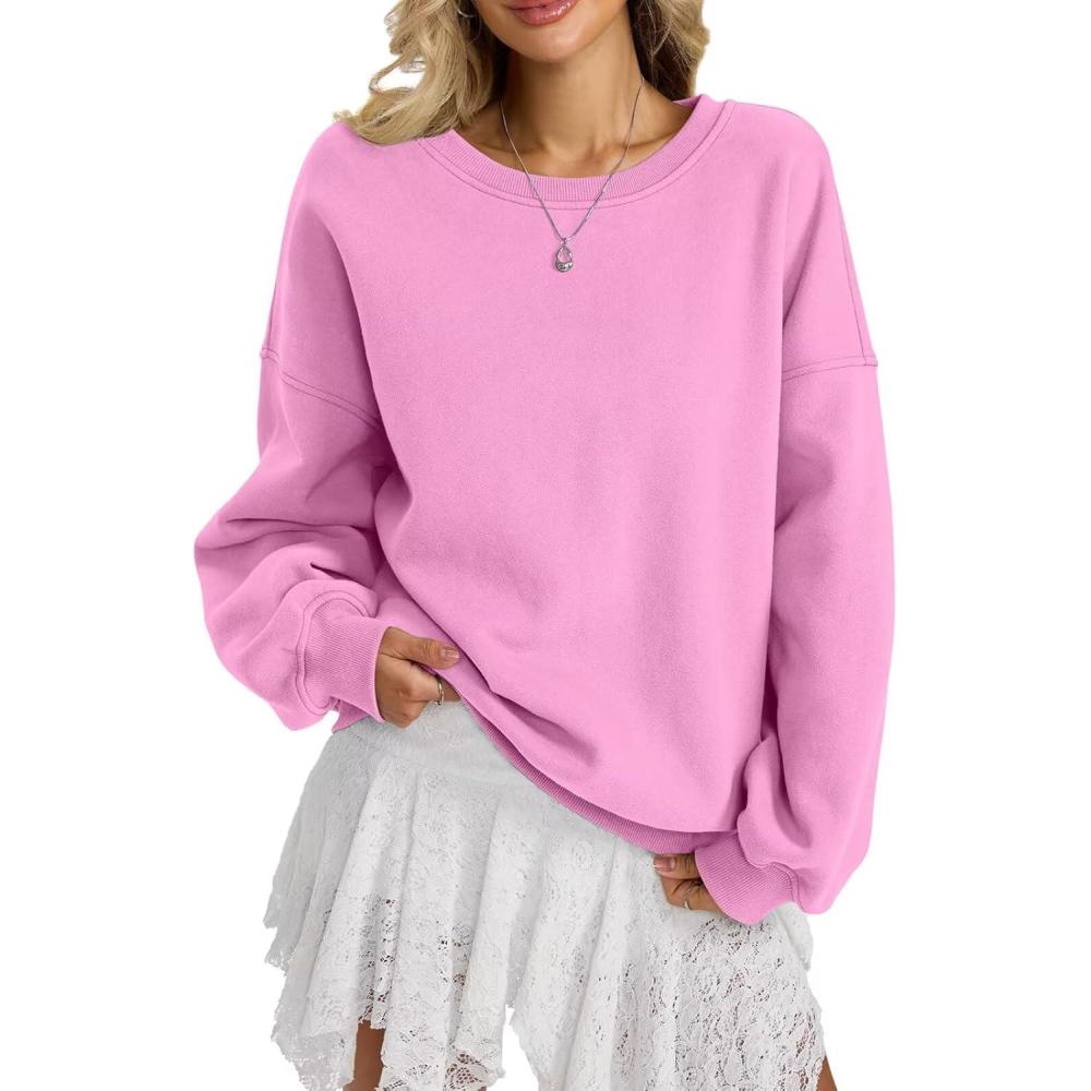 imageWomen Fleece Sweatshirts Oversized Crewneck Pullover Trendy Long Sleeve Tops Fashion Fall Outfits Clothes 2025Pink