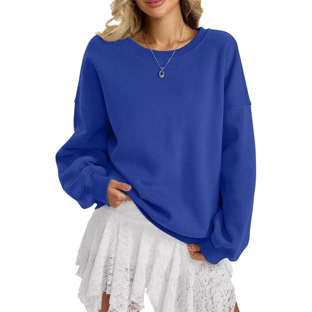 imageWomen Fleece Sweatshirts Oversized Crewneck Pullover Trendy Long Sleeve Tops Fashion Fall Outfits Clothes 2025Royal Blue