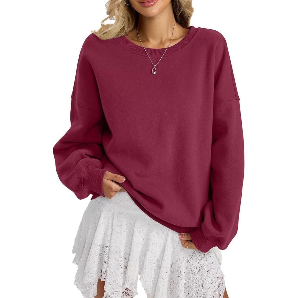 imageWomen Fleece Sweatshirts Oversized Crewneck Pullover Trendy Long Sleeve Tops Fashion Fall Outfits Clothes 2025Wine Red
