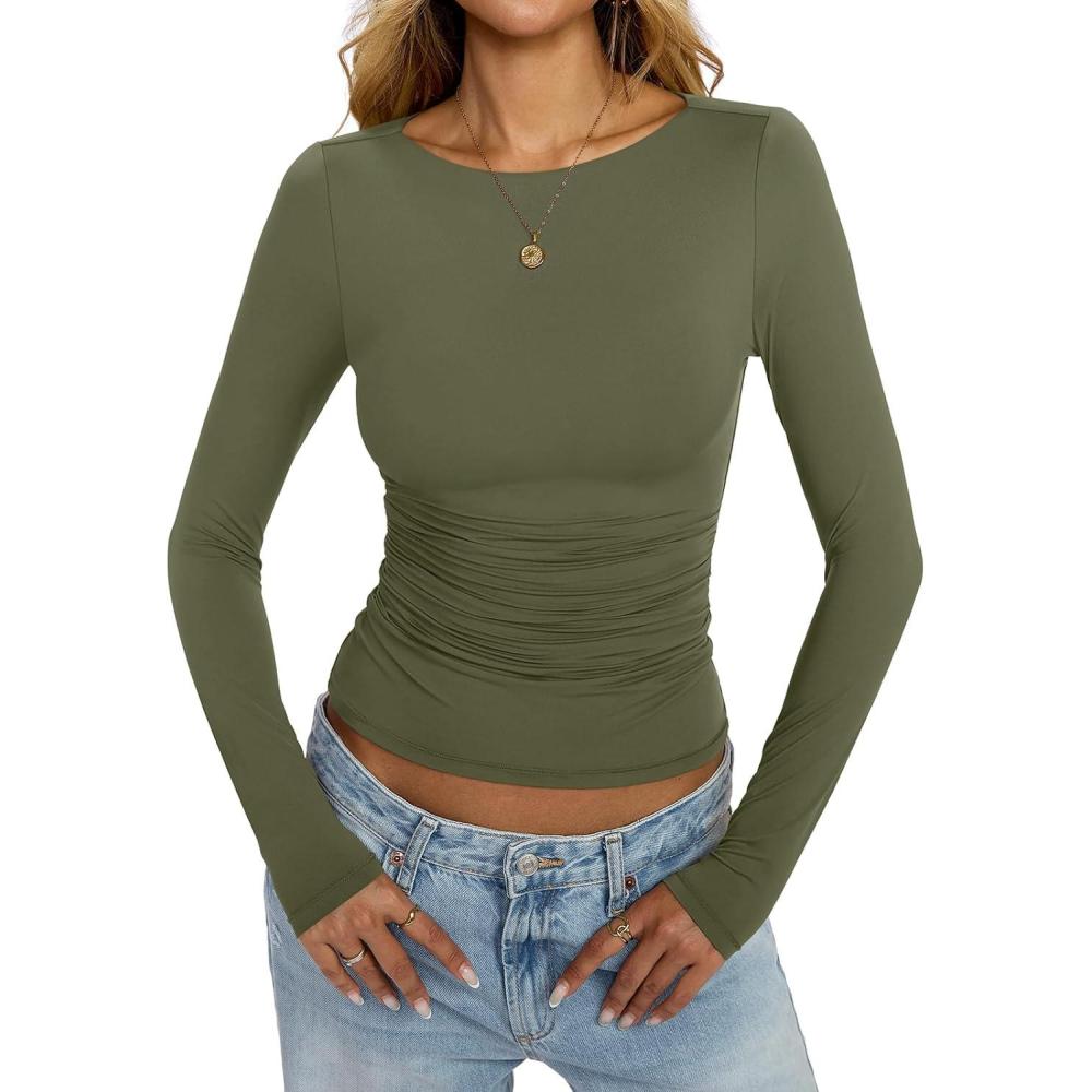 imageWomens Boat Neck Long Sleeve Shirts Ruched Double Lined Top Fitted Basic Tight Tee Spring Fall Clothes 2025Army Green
