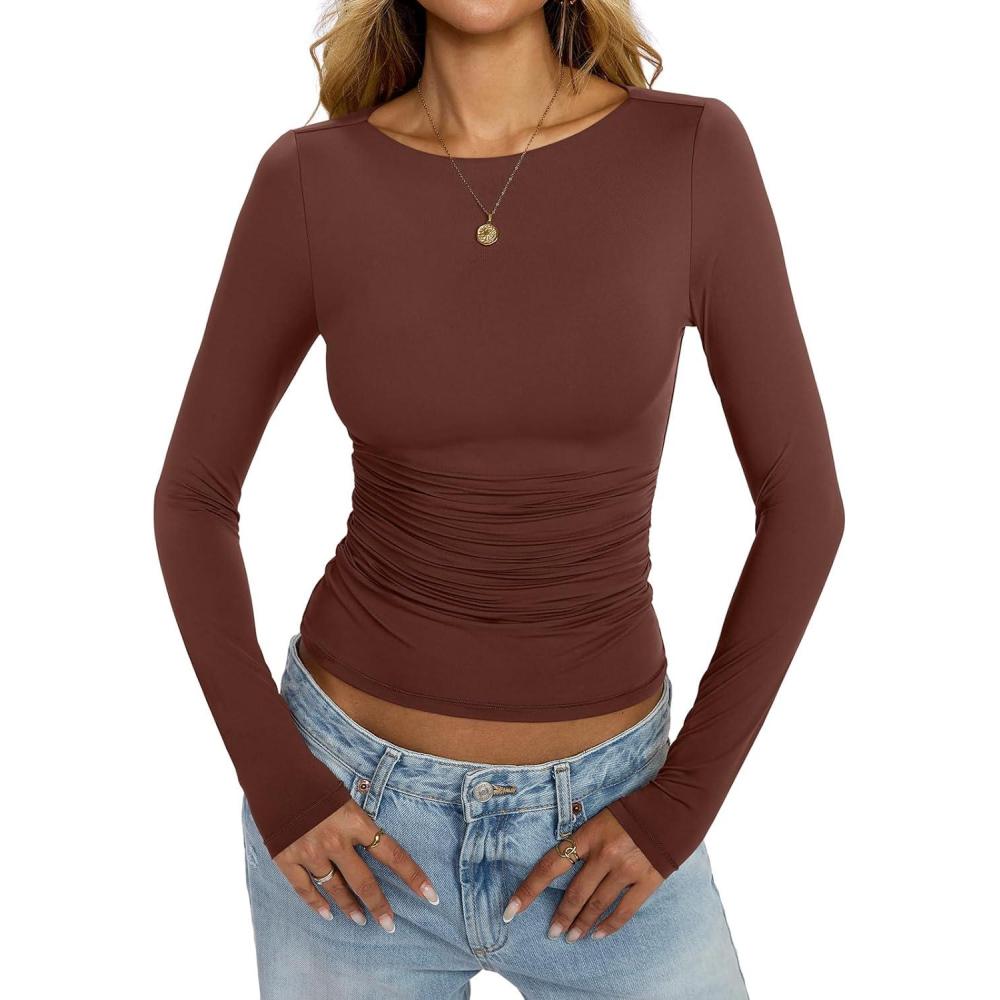 imageWomens Boat Neck Long Sleeve Shirts Ruched Double Lined Top Fitted Basic Tight Tee Spring Fall Clothes 2025Brown