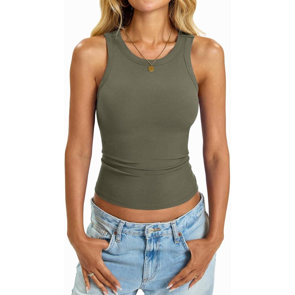 imageWomens Built in Shelf Bra Tank Tops Padded Ribbed High Neck Shirts Slim Fitted Basic Summer Sleeveless TeeArmy Green