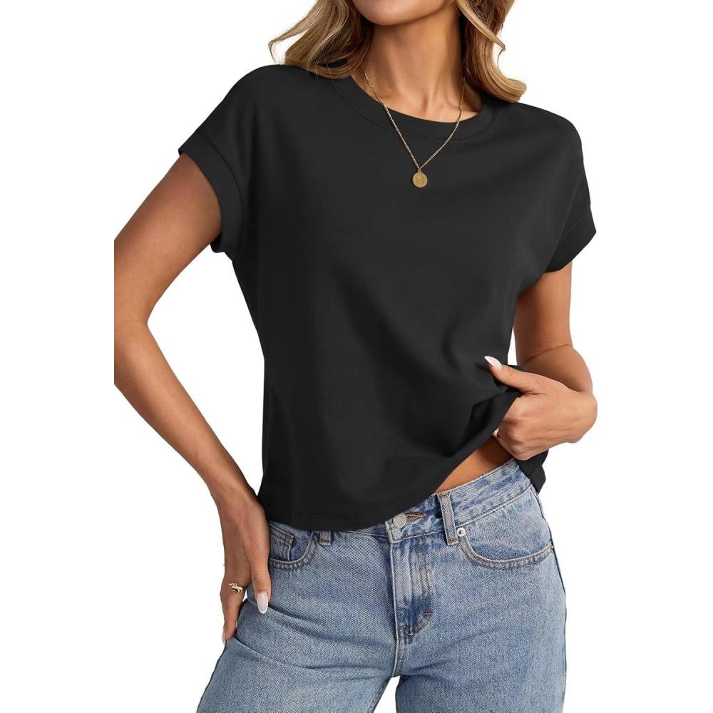 imageWomens Cap Sleeve Crop Tops Cotton T Shirts Crewneck Loose Fit Short Sleeves Tee Summer Fashion Clothes 2025Ablack