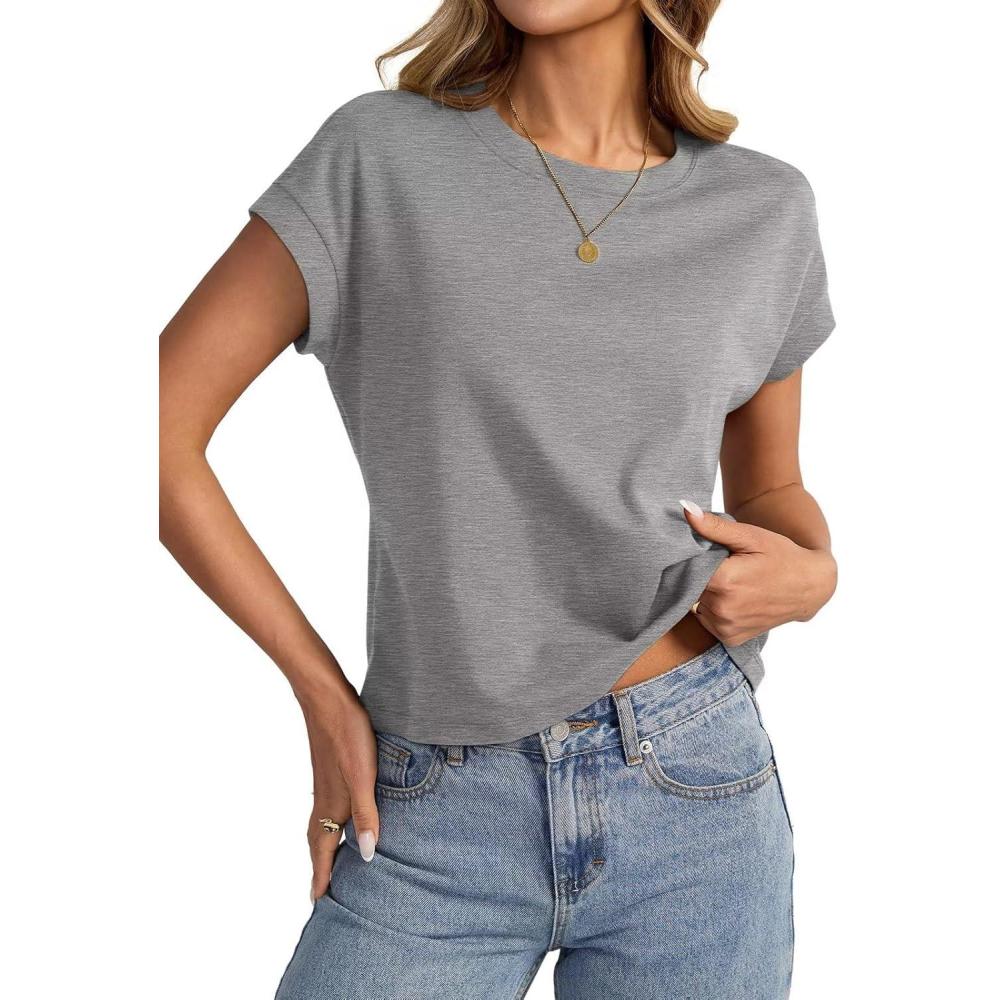 imageWomens Cap Sleeve Crop Tops Cotton T Shirts Crewneck Loose Fit Short Sleeves Tee Summer Fashion Clothes 2025Adeep Grey
