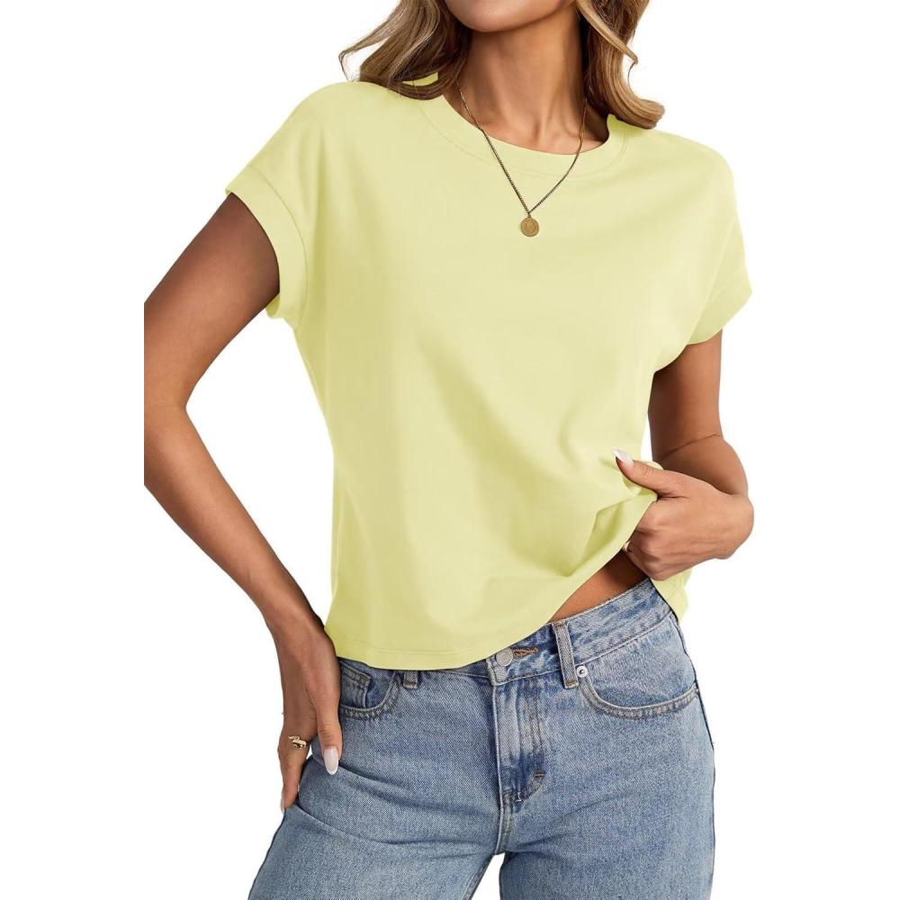 imageWomens Cap Sleeve Crop Tops Cotton T Shirts Crewneck Loose Fit Short Sleeves Tee Summer Fashion Clothes 2025Alight Yellow