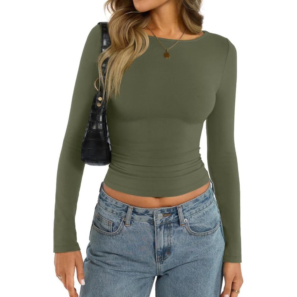 imageWomens Cotton Boat Neck Long Sleeve Shirts Basic Going Out Stretchy Slim Fit Y2k Crop TopsArmy Green