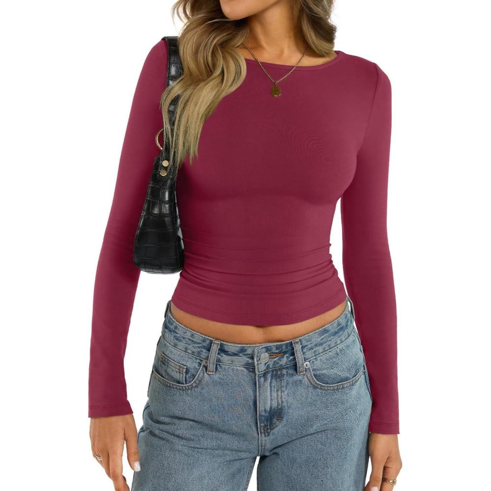 imageWomens Cotton Boat Neck Long Sleeve Shirts Basic Going Out Stretchy Slim Fit Y2k Crop TopsMagenta