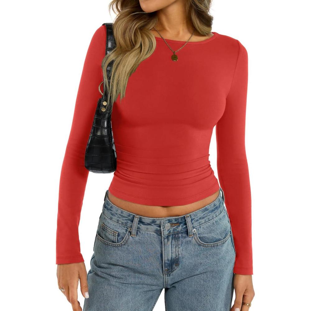 imageWomens Cotton Boat Neck Long Sleeve Shirts Basic Going Out Stretchy Slim Fit Y2k Crop TopsRed