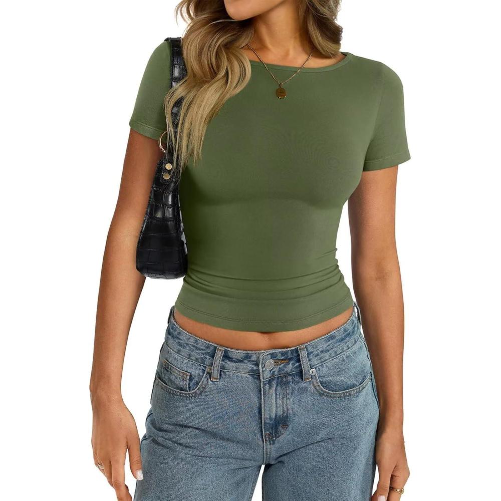 imageWomens Cotton Boat Neck Short Sleeve Shirts Summer Crop Tops Basic Going Out Tee Fashion Y2K Outfits 2025Army Green