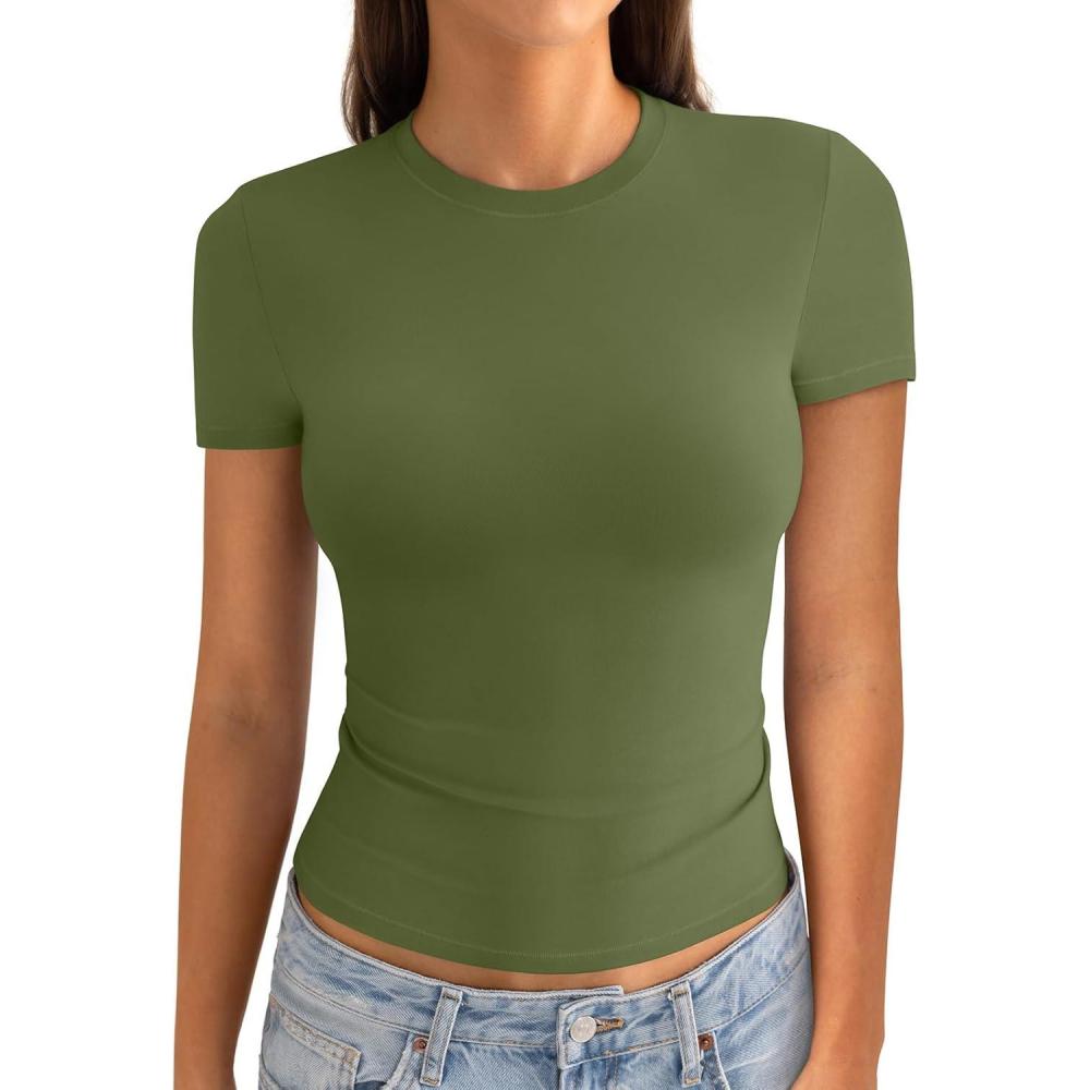 imageWomens Cotton Crew Neck Short Sleeve Shirts Summer Top Trendy Fitted Crop Tops Basic Going Out TeeArmy Green