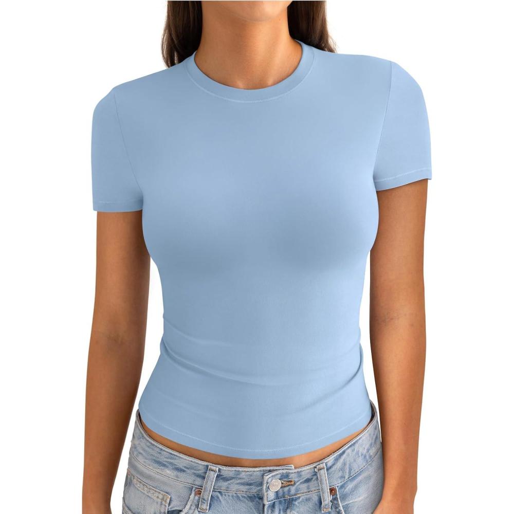 imageWomens Cotton Crew Neck Short Sleeve Shirts Summer Top Trendy Fitted Crop Tops Basic Going Out TeeBaby Blue
