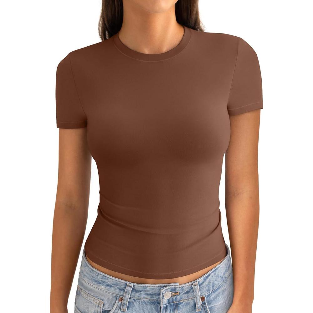 imageWomens Cotton Crew Neck Short Sleeve Shirts Summer Top Trendy Fitted Crop Tops Basic Going Out TeeBrown