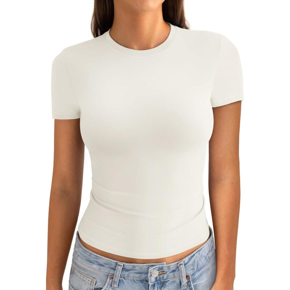imageWomens Cotton Crew Neck Short Sleeve Shirts Summer Top Trendy Fitted Crop Tops Basic Going Out TeeCream White