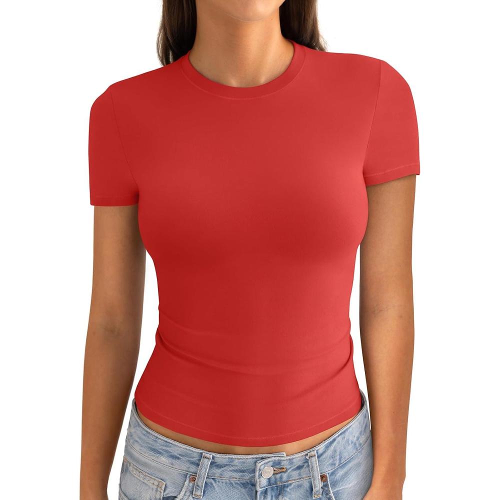 imageWomens Cotton Crew Neck Short Sleeve Shirts Summer Top Trendy Fitted Crop Tops Basic Going Out TeeRed
