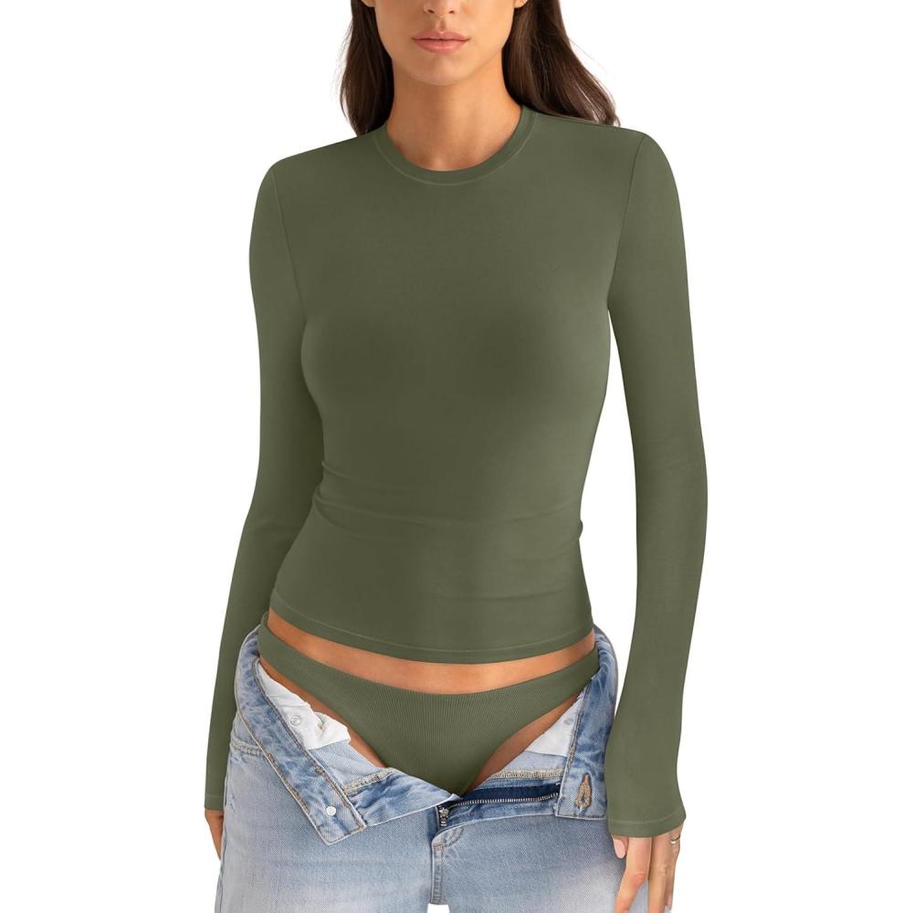 imageWomens Cotton Long Sleeve Shirts Crew Neck Fitted Basic Going Out Outfits Undershirt Spring Fall Clothes 2025Army Green