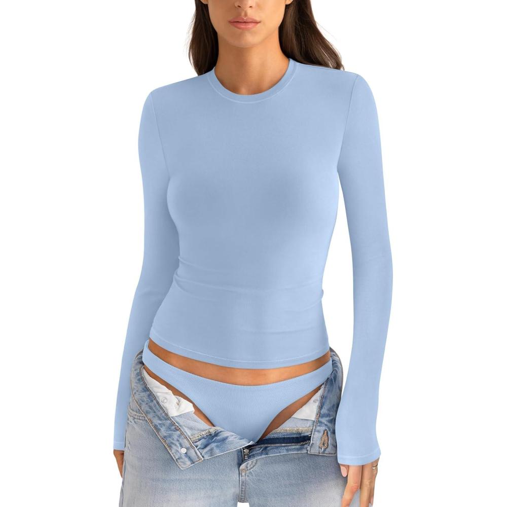 imageWomens Cotton Long Sleeve Shirts Crew Neck Fitted Basic Going Out Outfits Undershirt Spring Fall Clothes 2025Baby Blue