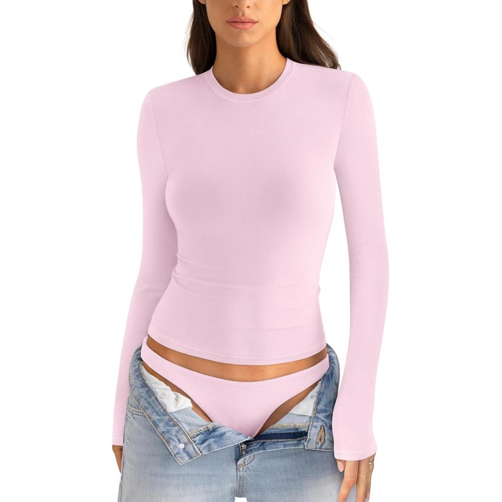 imageWomens Cotton Long Sleeve Shirts Crew Neck Fitted Basic Going Out Outfits Undershirt Spring Fall Clothes 2025Baby Pink