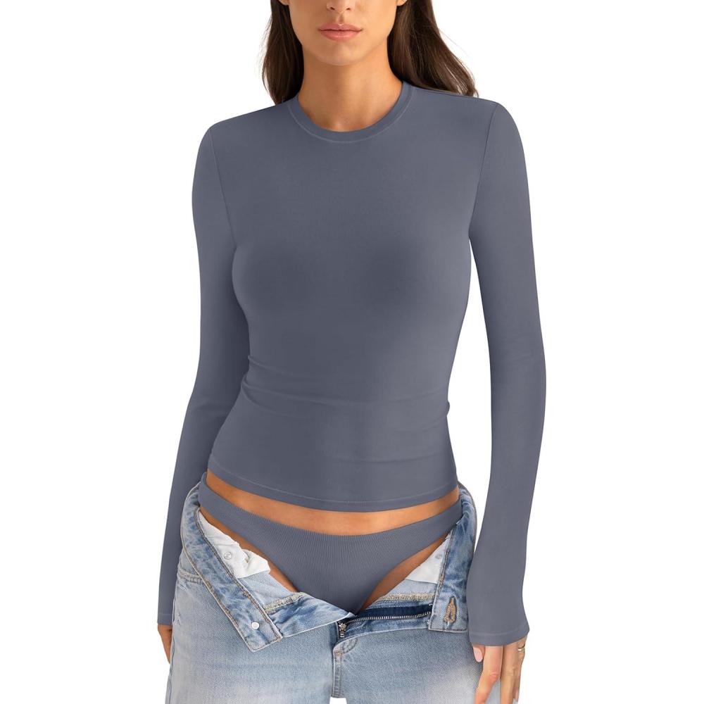 imageWomens Cotton Long Sleeve Shirts Crew Neck Fitted Basic Going Out Outfits Undershirt Spring Fall Clothes 2025Dark Grey