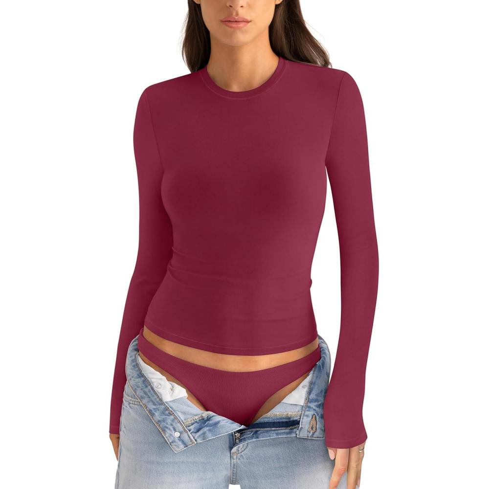 imageWomens Cotton Long Sleeve Shirts Crew Neck Fitted Basic Going Out Outfits Undershirt Spring Fall Clothes 2025Magenta