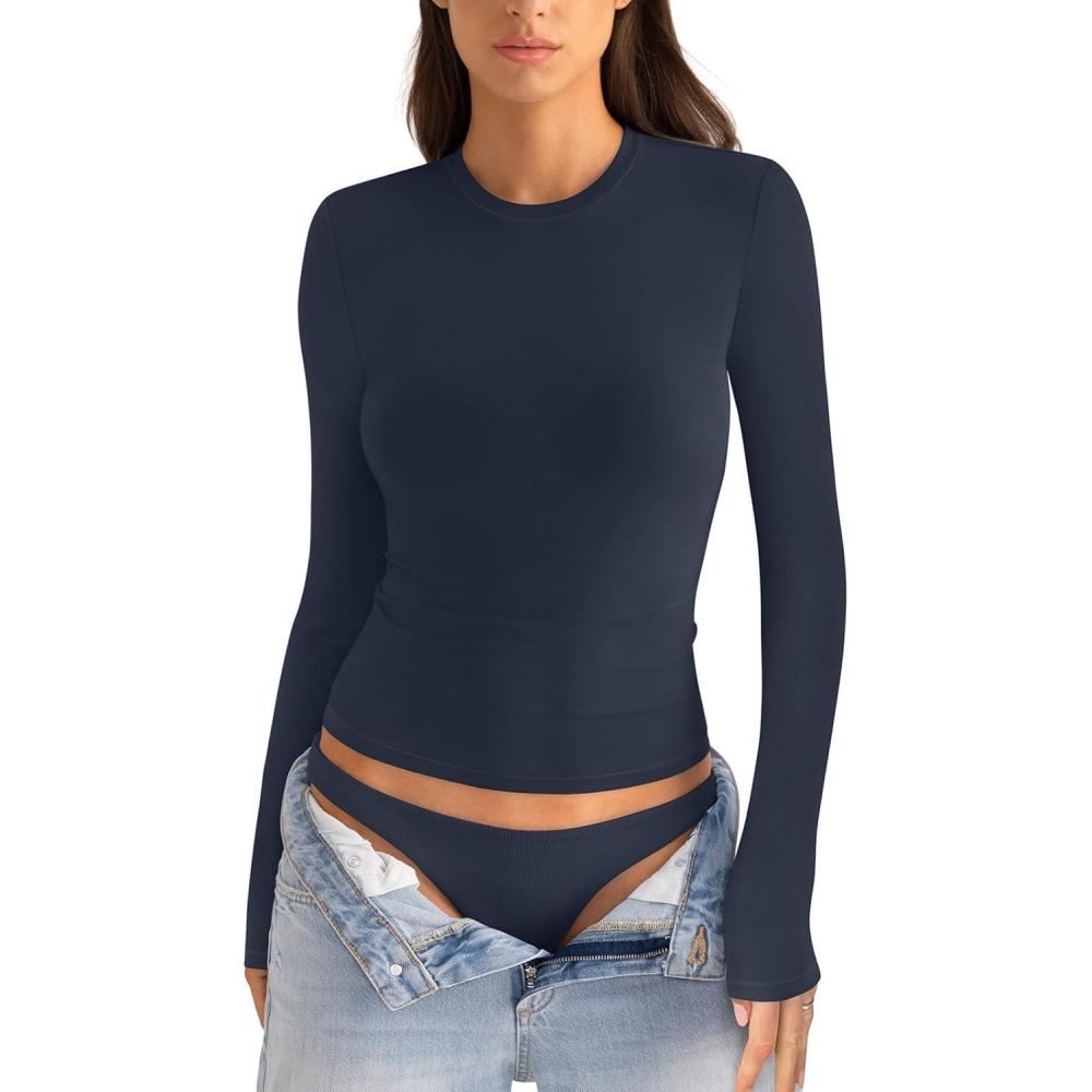 imageWomens Cotton Long Sleeve Shirts Crew Neck Fitted Basic Going Out Outfits Undershirt Spring Fall Clothes 2025Navy Blue