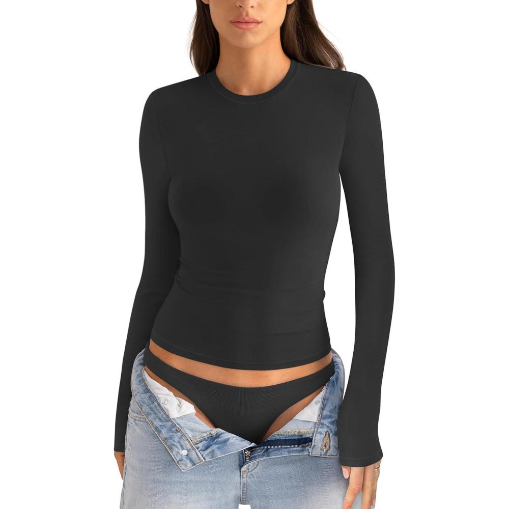 imageWomens Cotton Long Sleeve Shirts Crew Neck Fitted Basic Going Out Outfits Undershirt Spring Fall Clothes 2025True Black