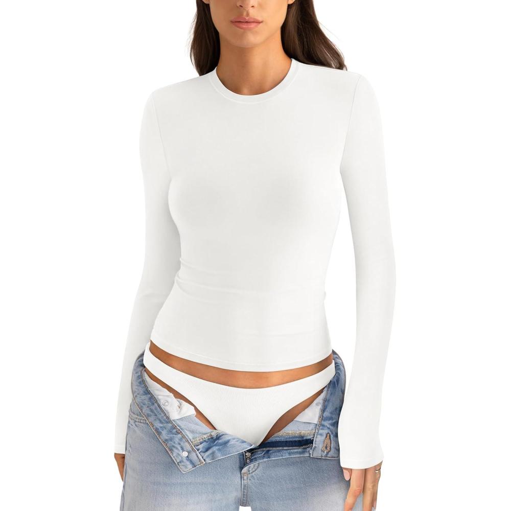 imageWomens Cotton Long Sleeve Shirts Crew Neck Fitted Basic Going Out Outfits Undershirt Spring Fall Clothes 2025True White