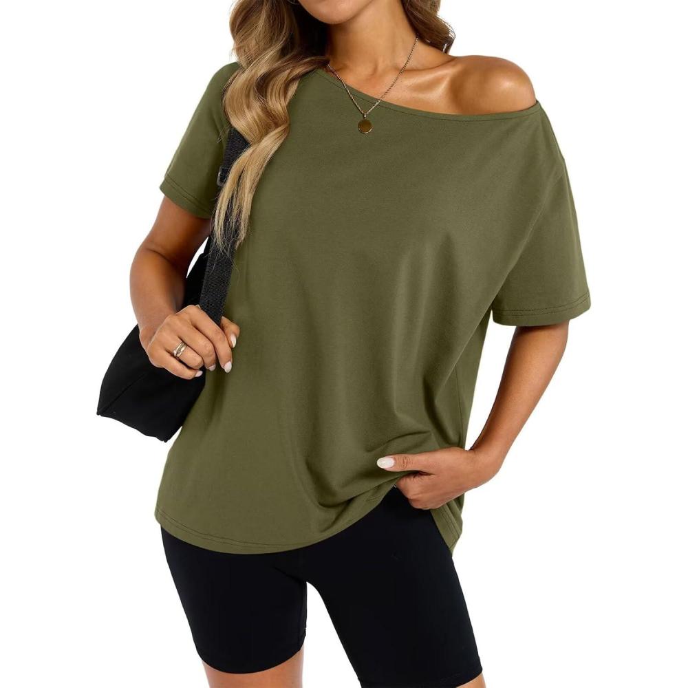 imageWomens Cotton Off The Shoulder Tops Oversized Short Sleeve TShirts Casual Summer Tees Trendy Clothes 2025Army Green