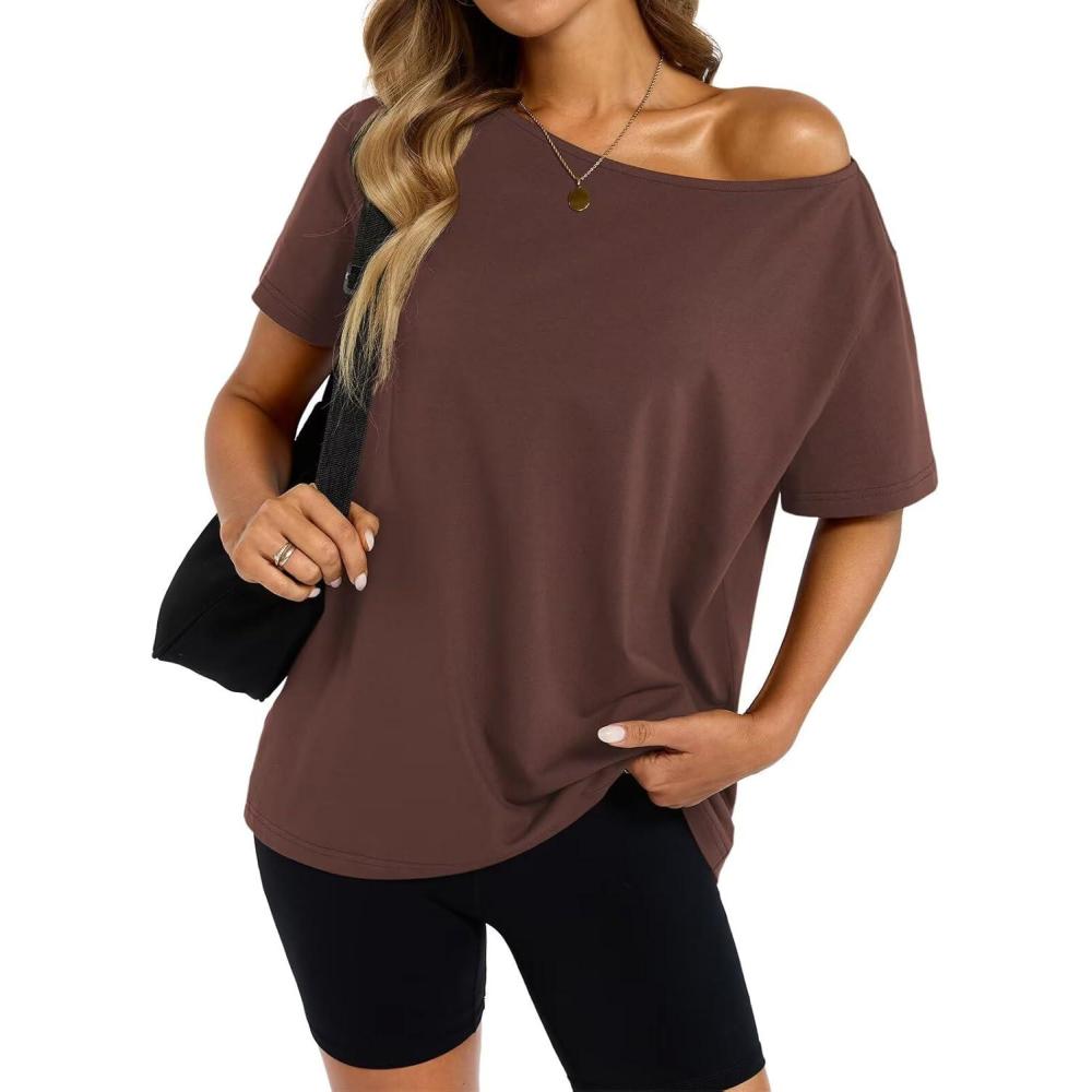 imageWomens Cotton Off The Shoulder Tops Oversized Short Sleeve TShirts Casual Summer Tees Trendy Clothes 2025Brown