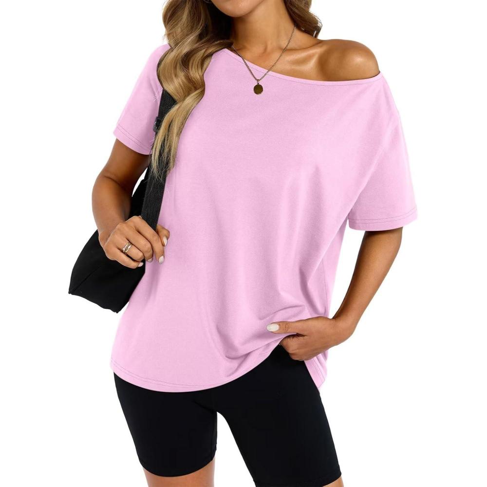 imageWomens Cotton Off The Shoulder Tops Oversized Short Sleeve TShirts Casual Summer Tees Trendy Clothes 2025Pink