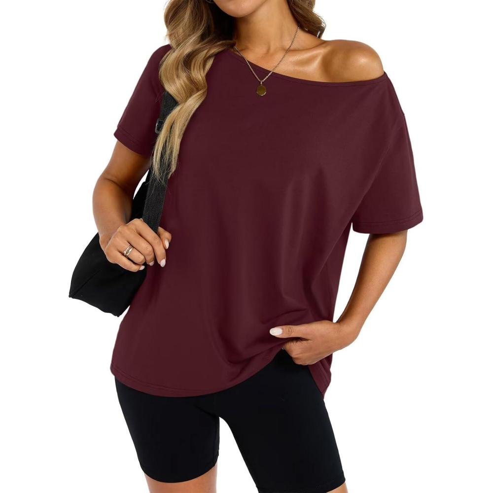 imageWomens Cotton Off The Shoulder Tops Oversized Short Sleeve TShirts Casual Summer Tees Trendy Clothes 2025Wine Red