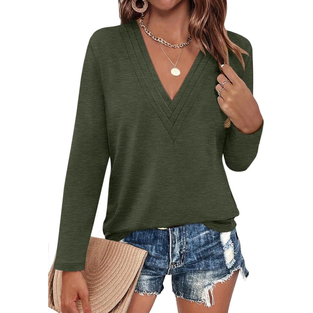 imageWomens Deep V Neck Long Sleeve Shirts Pleated Dressy Casual Tops Sexy Loose Fit T ShirtArmy Green