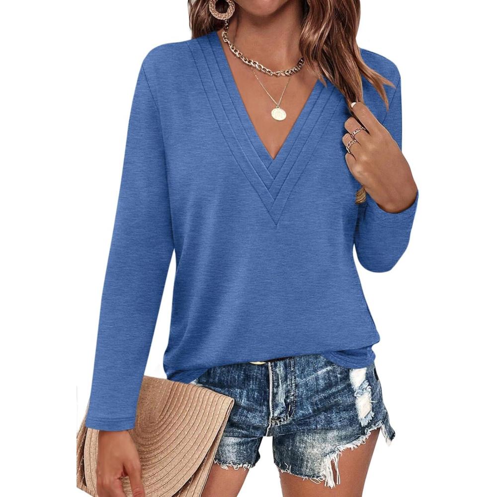 imageWomens Deep V Neck Long Sleeve Shirts Pleated Dressy Casual Tops Sexy Loose Fit T ShirtBlue