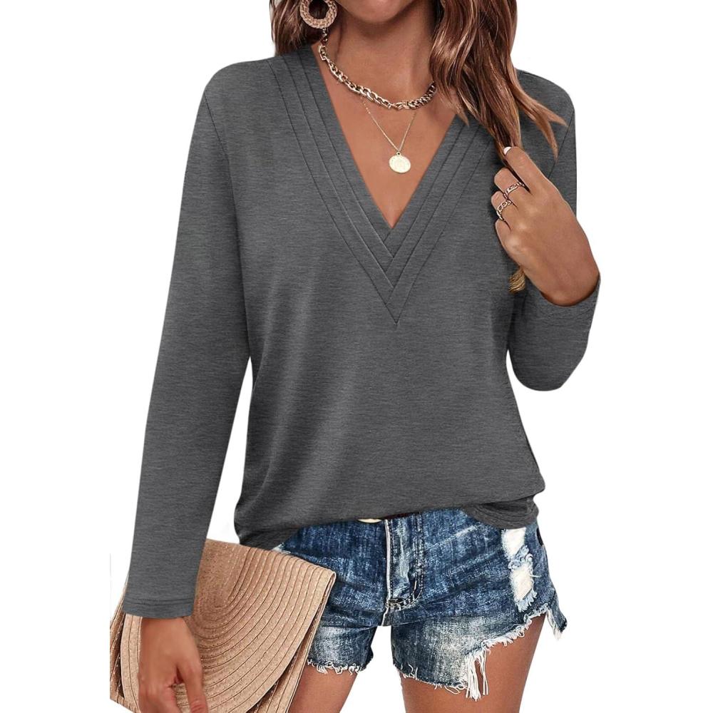 imageWomens Deep V Neck Long Sleeve Shirts Pleated Dressy Casual Tops Sexy Loose Fit T ShirtDark Gray