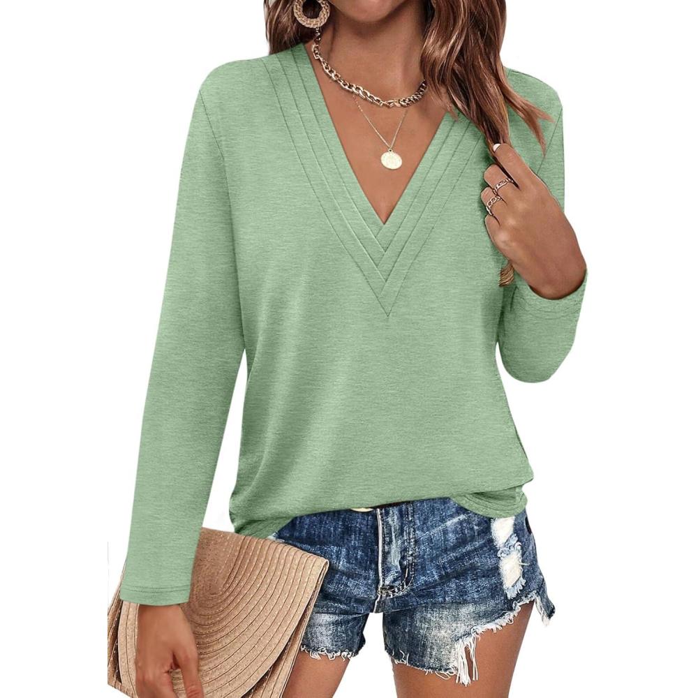 imageWomens Deep V Neck Long Sleeve Shirts Pleated Dressy Casual Tops Sexy Loose Fit T ShirtGrass Green