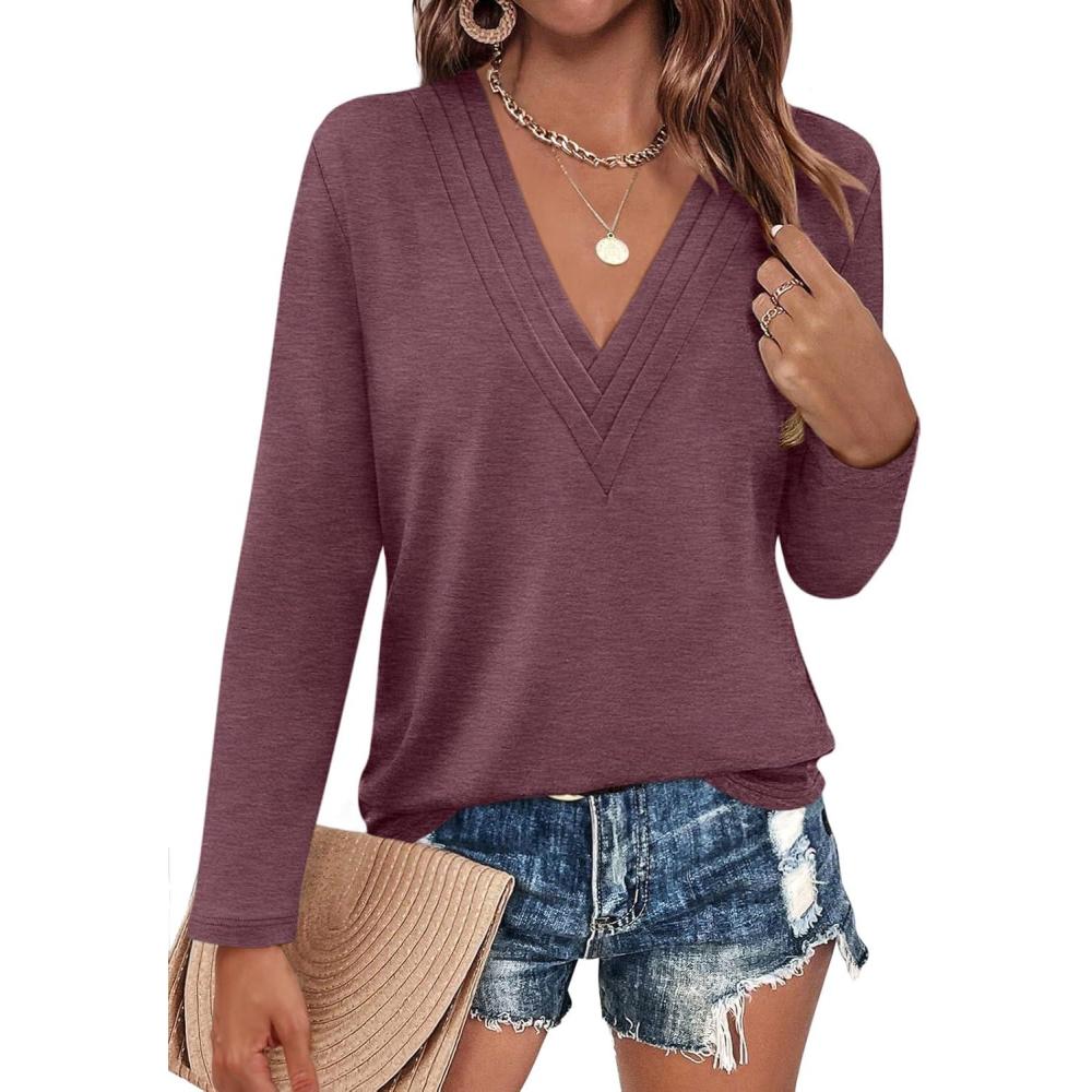 imageWomens Deep V Neck Long Sleeve Shirts Pleated Dressy Casual Tops Sexy Loose Fit T ShirtMaroon