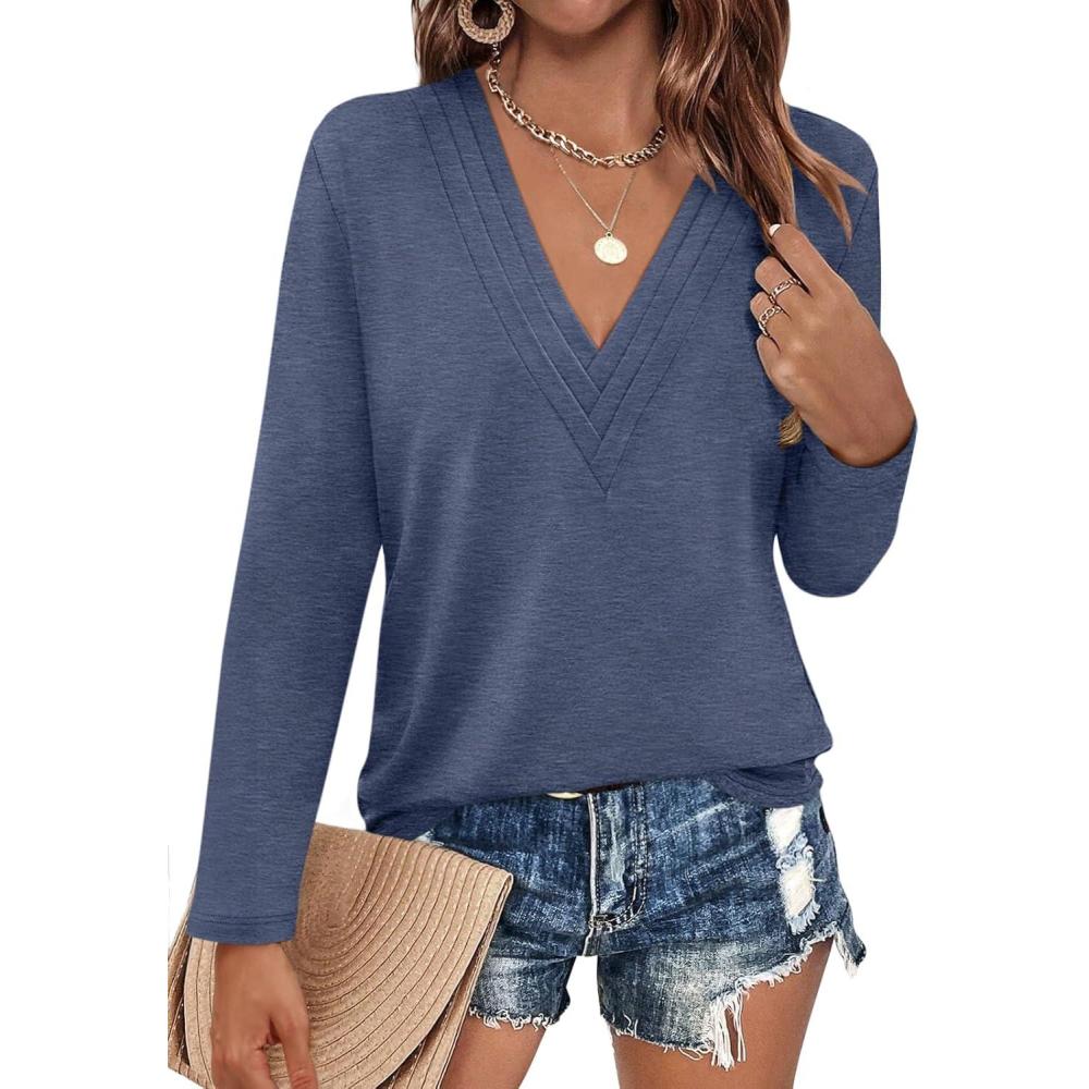 imageWomens Deep V Neck Long Sleeve Shirts Pleated Dressy Casual Tops Sexy Loose Fit T ShirtNavy