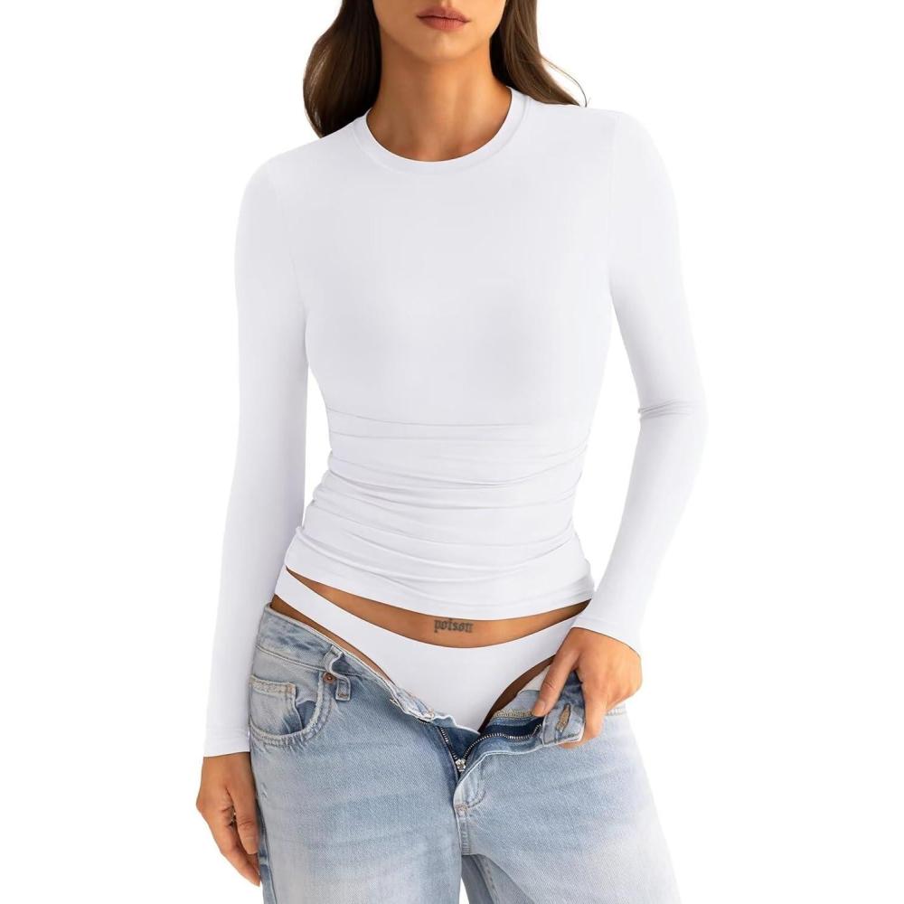 imageWomens Double Lined Long Sleeve Shirts Crewneck Ruched Top Tight Fitted Basic Tee Fall Going Out Outfits 2026Awhite