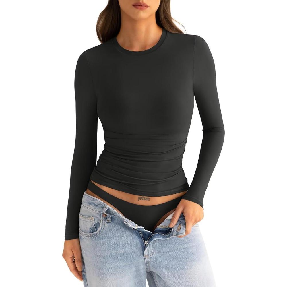 imageWomens Double Lined Long Sleeve Shirts Crewneck Ruched Top Tight Fitted Basic Tee Fall Going Out Outfits 2026Black