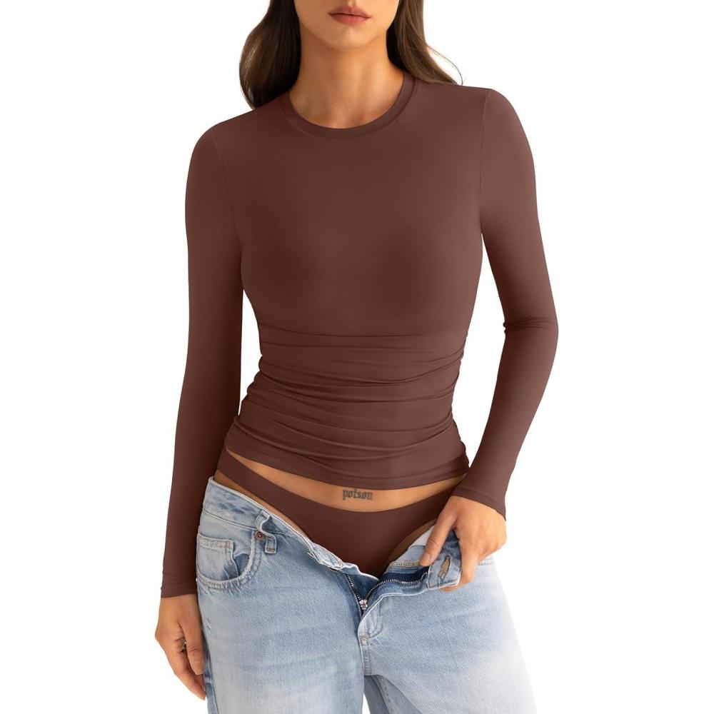 imageWomens Double Lined Long Sleeve Shirts Crewneck Ruched Top Tight Fitted Basic Tee Fall Going Out Outfits 2026Brown