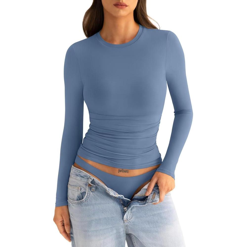 imageWomens Double Lined Long Sleeve Shirts Crewneck Ruched Top Tight Fitted Basic Tee Fall Going Out Outfits 2026Coronet Blue