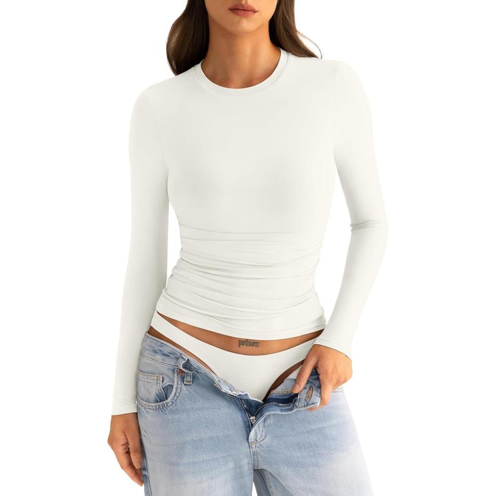 imageWomens Double Lined Long Sleeve Shirts Crewneck Ruched Top Tight Fitted Basic Tee Fall Going Out Outfits 2026Cream White