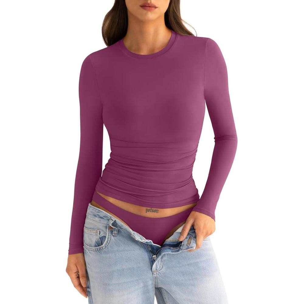 imageWomens Double Lined Long Sleeve Shirts Crewneck Ruched Top Tight Fitted Basic Tee Fall Going Out Outfits 2026Dark Magenta
