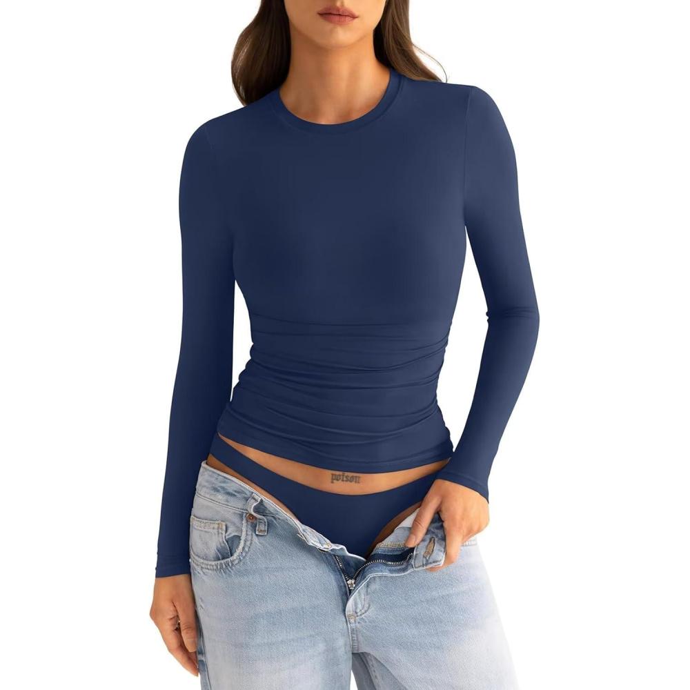 imageWomens Double Lined Long Sleeve Shirts Crewneck Ruched Top Tight Fitted Basic Tee Fall Going Out Outfits 2026Estate Blue
