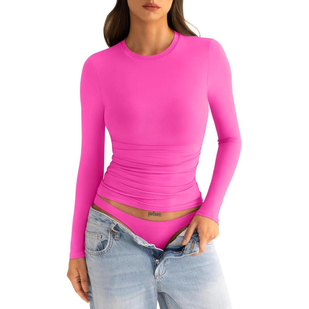 imageWomens Double Lined Long Sleeve Shirts Crewneck Ruched Top Tight Fitted Basic Tee Fall Going Out Outfits 2026Hot Pink