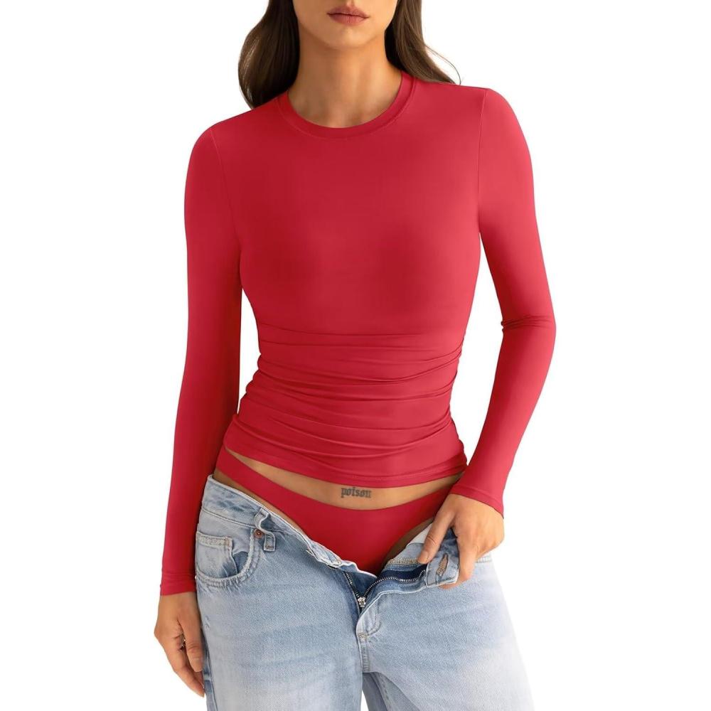 imageWomens Double Lined Long Sleeve Shirts Crewneck Ruched Top Tight Fitted Basic Tee Fall Going Out Outfits 2026Red