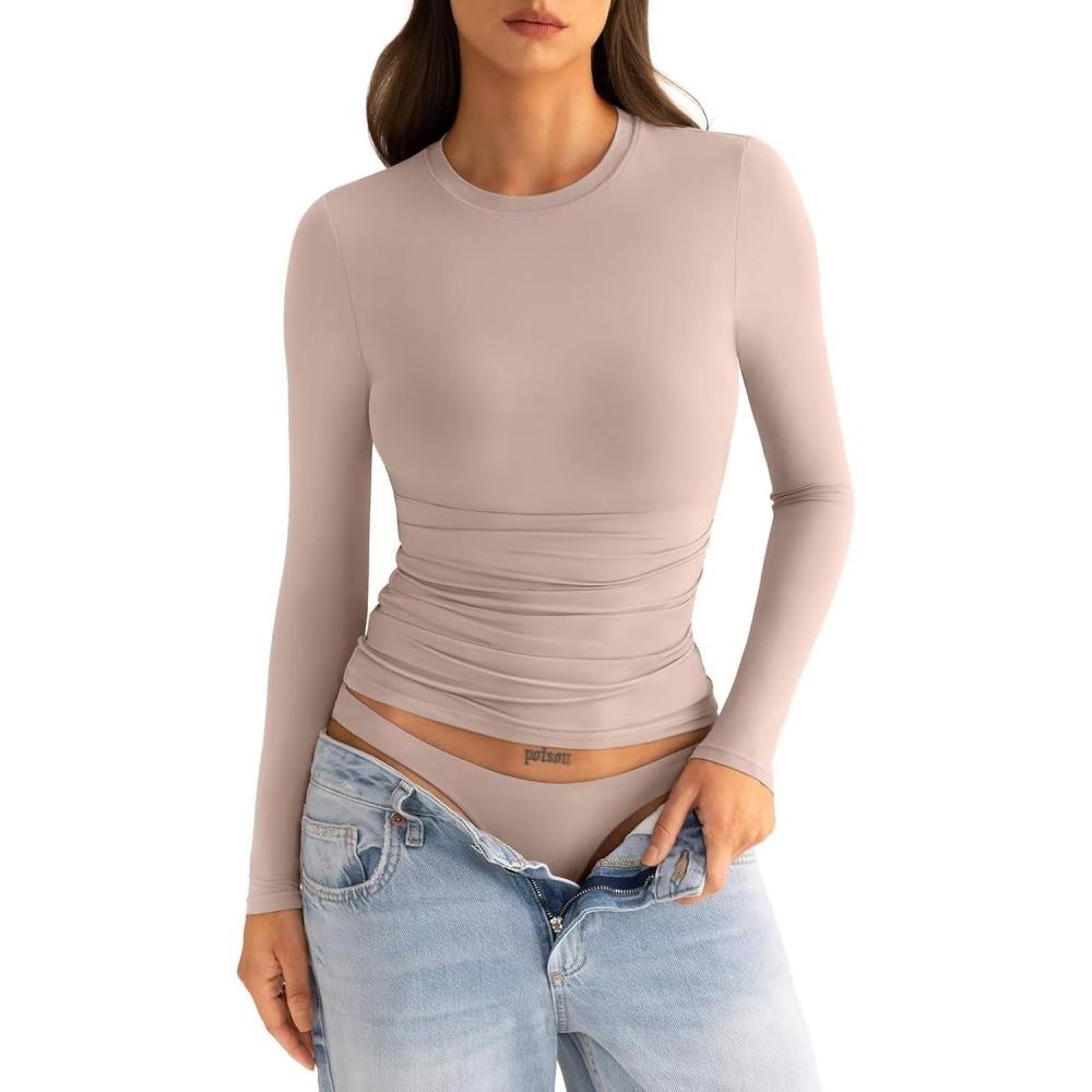 imageWomens Double Lined Long Sleeve Shirts Crewneck Ruched Top Tight Fitted Basic Tee Fall Going Out Outfits 2026Taupe Gray