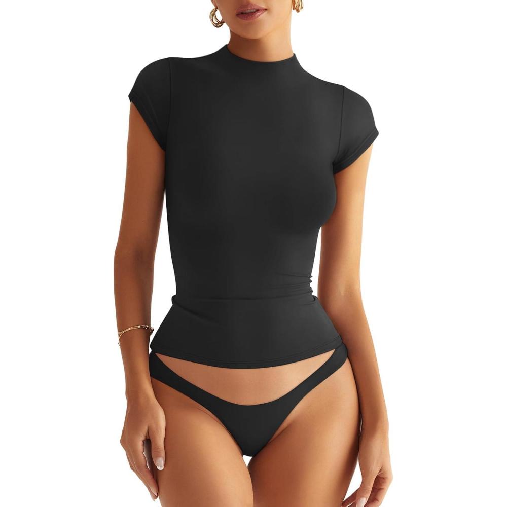 imageWomens Double Lined Mock Turtle Neck Tops Slim Fitted Cap Sleeve Shirts Going Out Tees Y2k Summer Clothes 2025Black