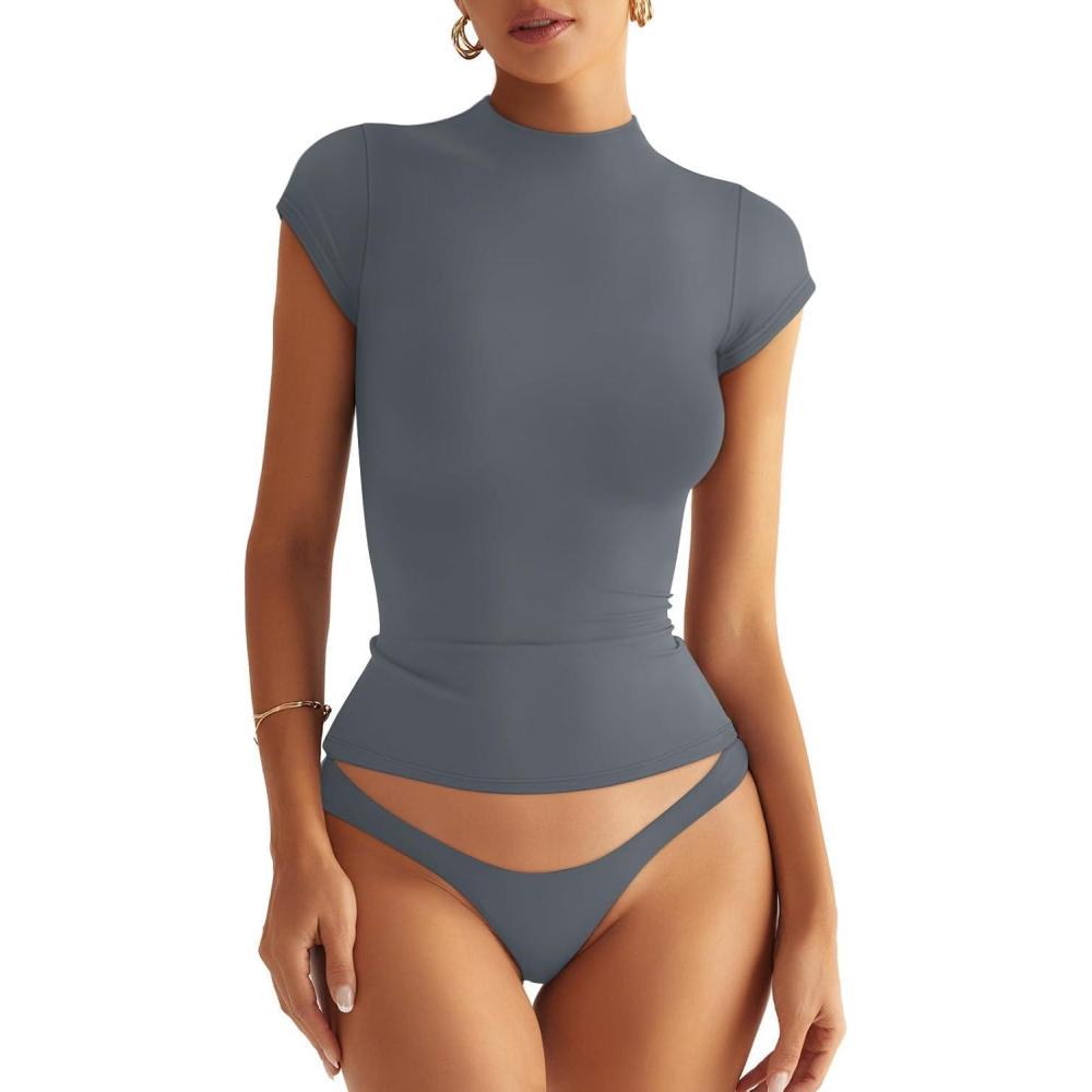 imageWomens Double Lined Mock Turtle Neck Tops Slim Fitted Cap Sleeve Shirts Going Out Tees Y2k Summer Clothes 2025Grey